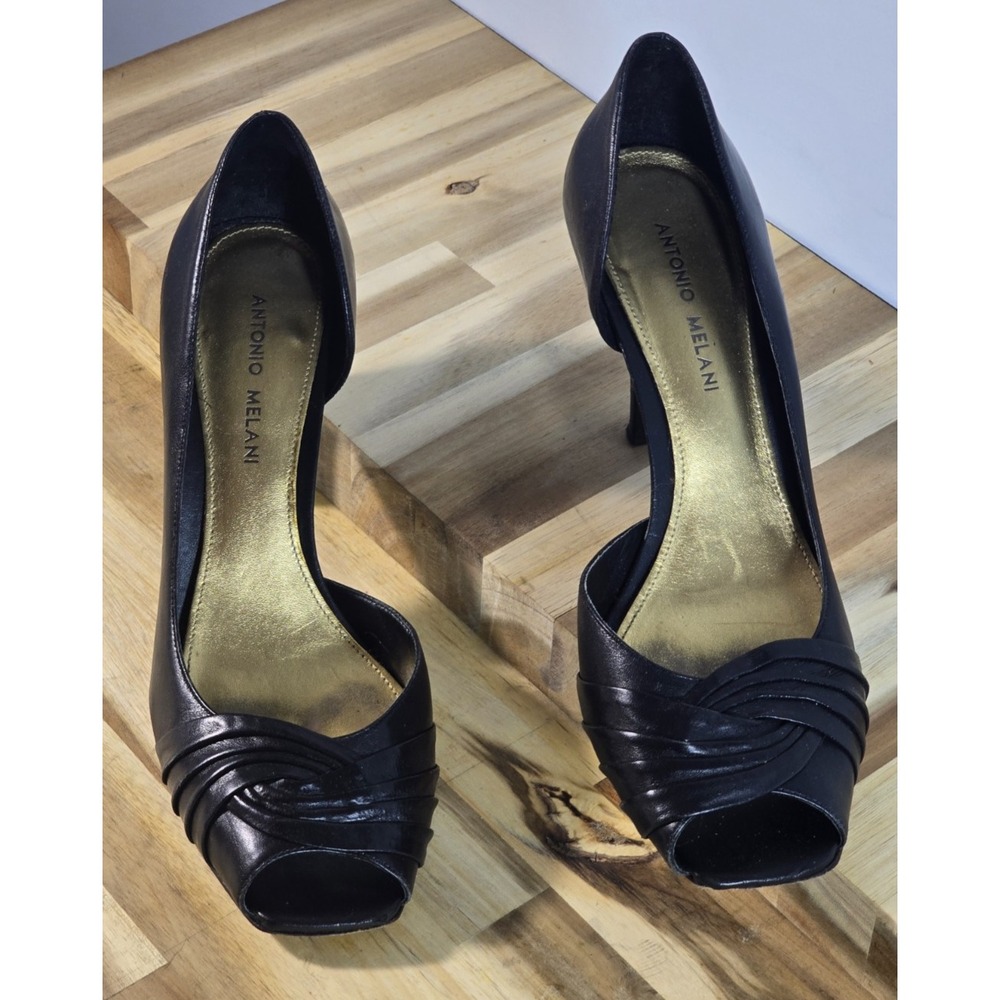 Antonio Melani Black Leather Peep Toe Heels Size 9M Women's Dress Shoes